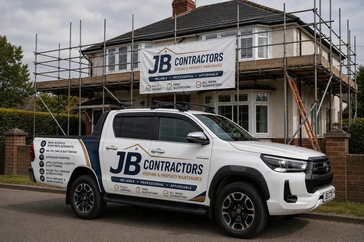 JB Contractors pickup outside a scaffolded house